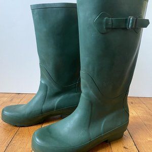 LL Bean Wellies Rubber Boots Sz 8 Dark Hunter Green Tall Pull On Rain Gardening